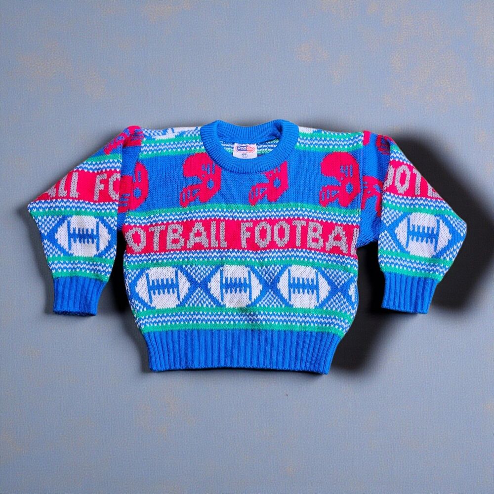 Vintage Popsicle Football Sweater Kids 2T 90s Knit Sports Pullover Blue Red